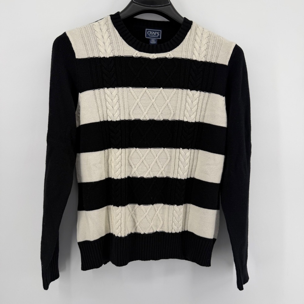 Chaps Sweater Women's XL Black Cream Striped Cable Knit Crew Neck Pullover new